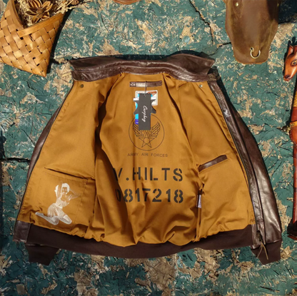 △ヴィンテージ復刻 ワックスコーティング カウレザー A-2ジャケット▽Hell's Angels デザインM～5XL