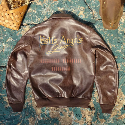 △ヴィンテージ復刻 ワックスコーティング カウレザー A-2ジャケット▽Hell's Angels デザインM～5XL