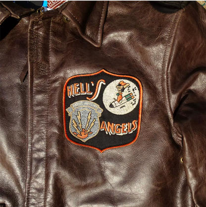 △ヴィンテージ復刻 ワックスコーティング カウレザー A-2ジャケット▽Hell's Angels デザインM～5XL