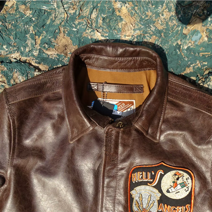 △ヴィンテージ復刻 ワックスコーティング カウレザー A-2ジャケット▽Hell's Angels デザインM～5XL