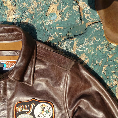 △ヴィンテージ復刻 ワックスコーティング カウレザー A-2ジャケット▽Hell's Angels デザインM～5XL