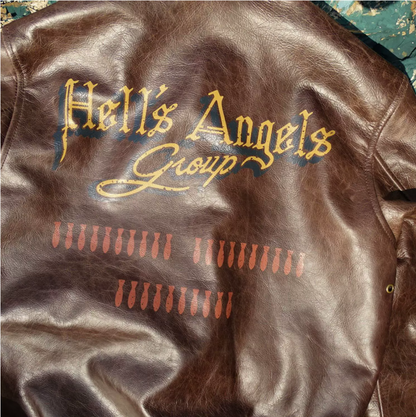 △ヴィンテージ復刻 ワックスコーティング カウレザー A-2ジャケット▽Hell's Angels デザインM～5XL