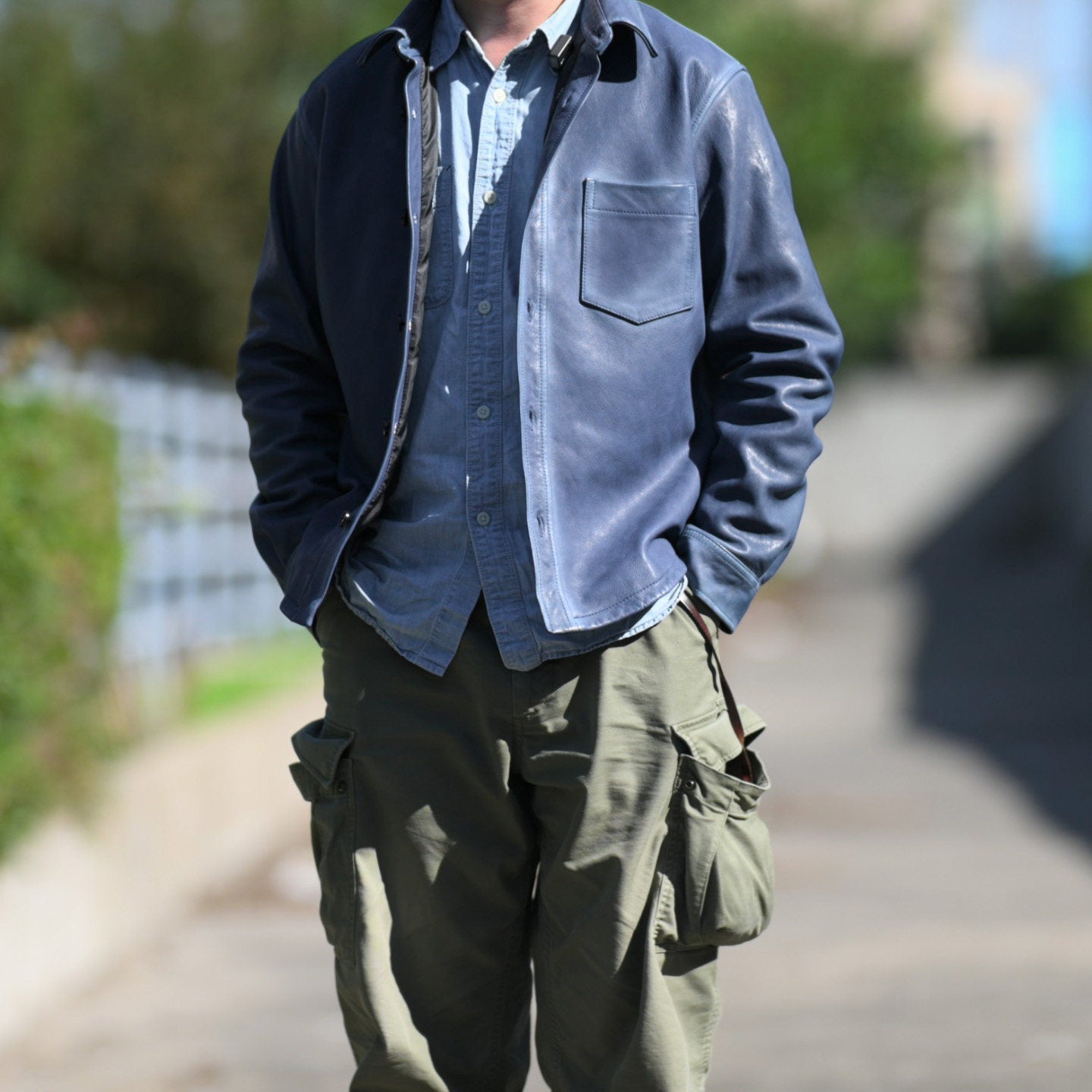 ☆絶妙な色味の枯れたブルーカラー☆シープレザー シャツ☆M～3XL