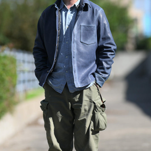 ☆絶妙な色味の枯れたブルーカラー☆シープレザー シャツ☆M～3XL
