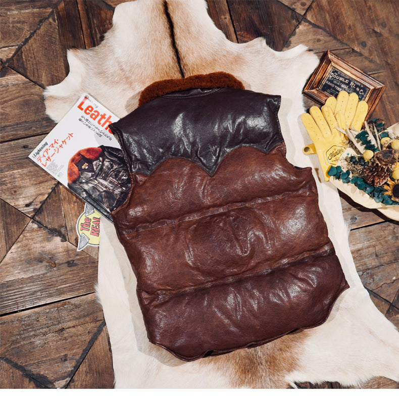 ◇植物タンニン鞣し ウォッシュ加工 シープレザーシープレザーダウン ベスト◇ S～4XL