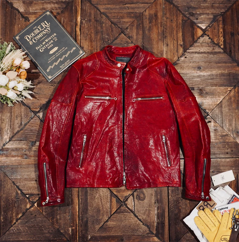 ◇植物タンニン鞣し　ウォッシュ加工シープレザー シングルライダースジャケット ◇レッドL～2XL