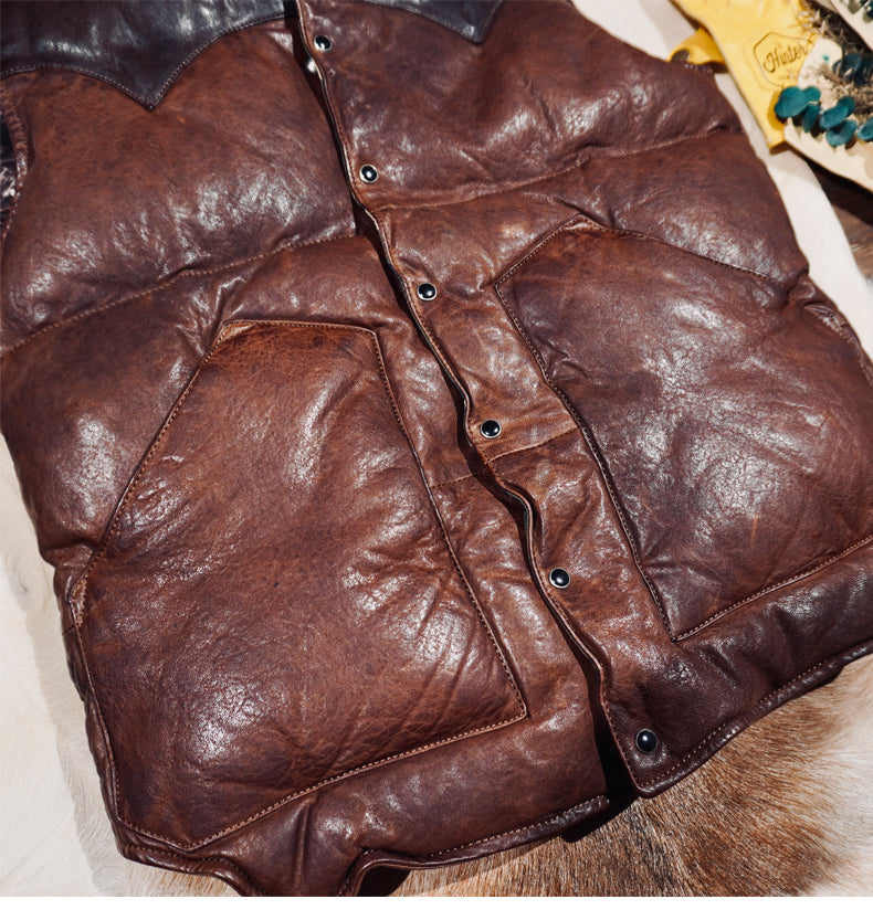◇植物タンニン鞣し ウォッシュ加工 シープレザーシープレザーダウン ベスト◇ S～4XL