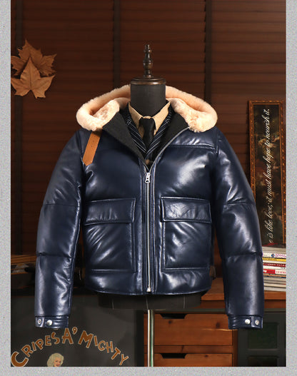 ３色展開◇シープレザーダウンジャケット/フード付き◇ M～4XL