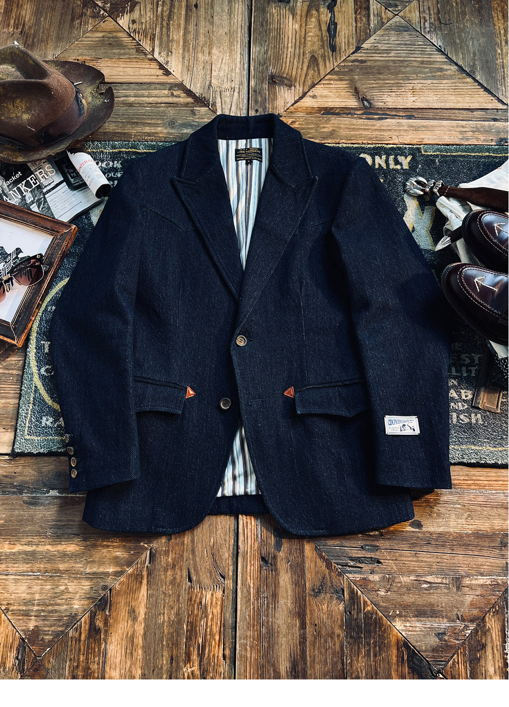 ◇インディゴ染め 刺し子生地コットンテーラードジャケット◇S～4XL