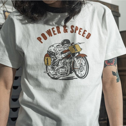 ２色展開◆色味、プリントの雰囲気もGOOD◆ヴィンテージ復刻 POWER&SPEEDバイクＴシャツ◆S～2XL