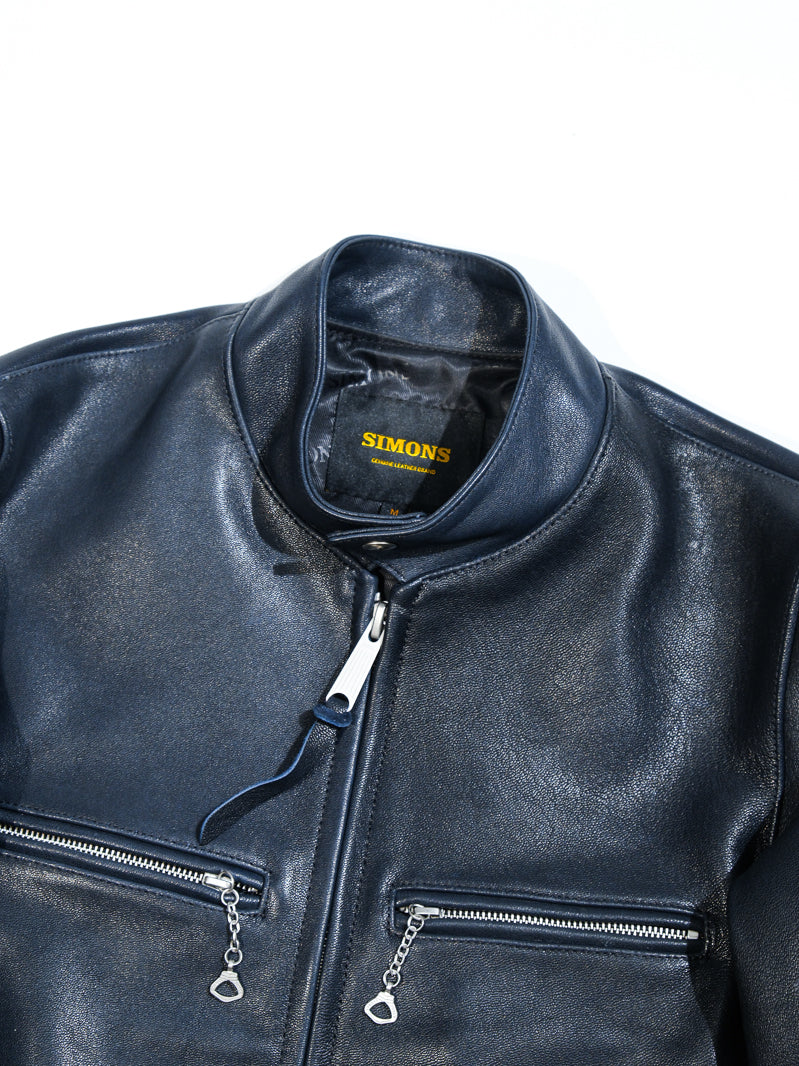 ◇ヴィンテージ復刻 J-100型 カフェレーサースタイル ゴートレザー シングルライダースジャケット◇ ネイビーS～3XL