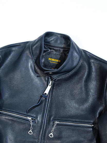 ◇ヴィンテージ復刻 J-100型 カフェレーサースタイル ゴートレザー シングルライダースジャケット◇ ネイビーS～3XL