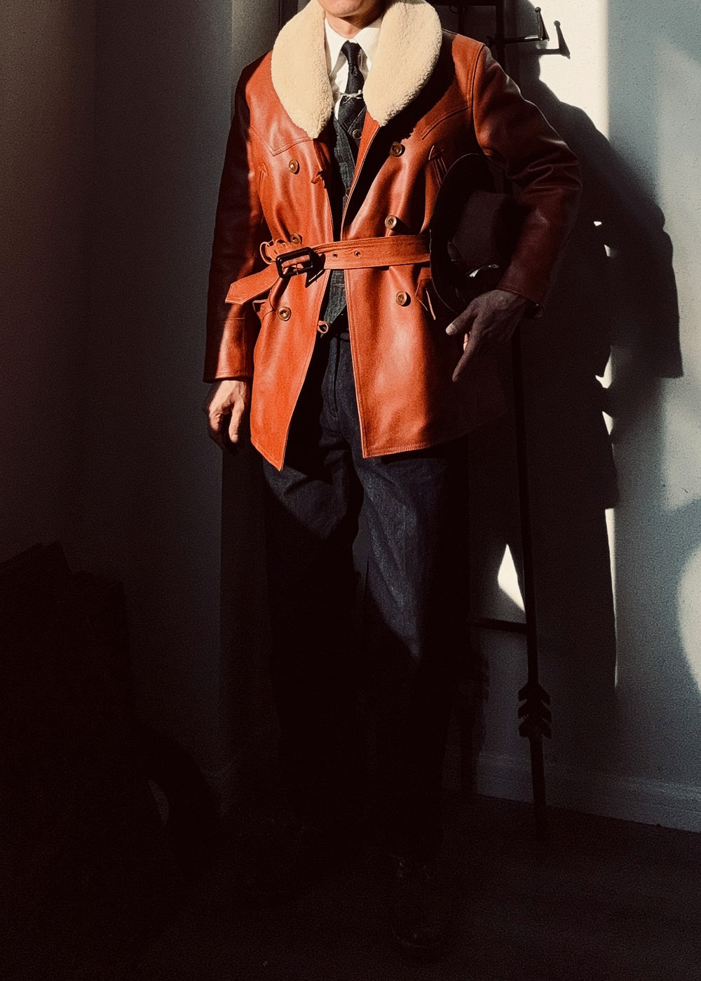 ★ナバホブランケット裏地★アメリカ産植物タンニン鞣しカウレザー×ムートン ランチコート★