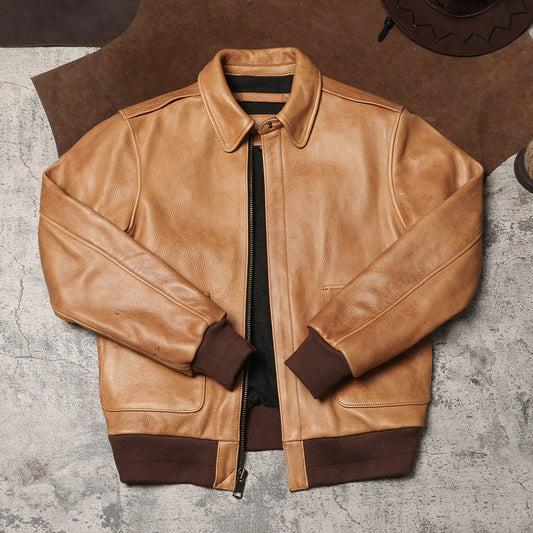 1.7mm極厚◇◇ヴィンテージ復刻 タンカラーカウレザーA-2ジャケット◇◇M~5XL