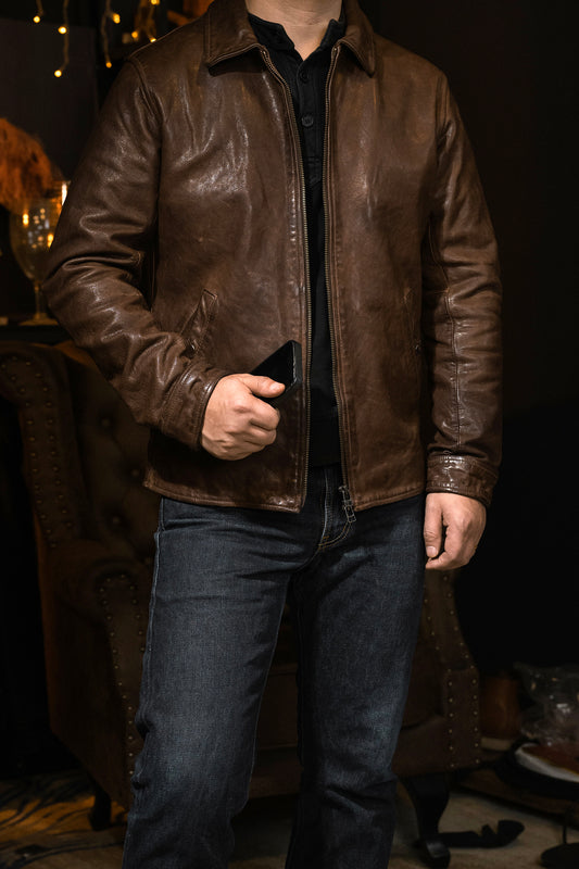 ★カウレザー スポーツジャケット★M～3XL ブラウン