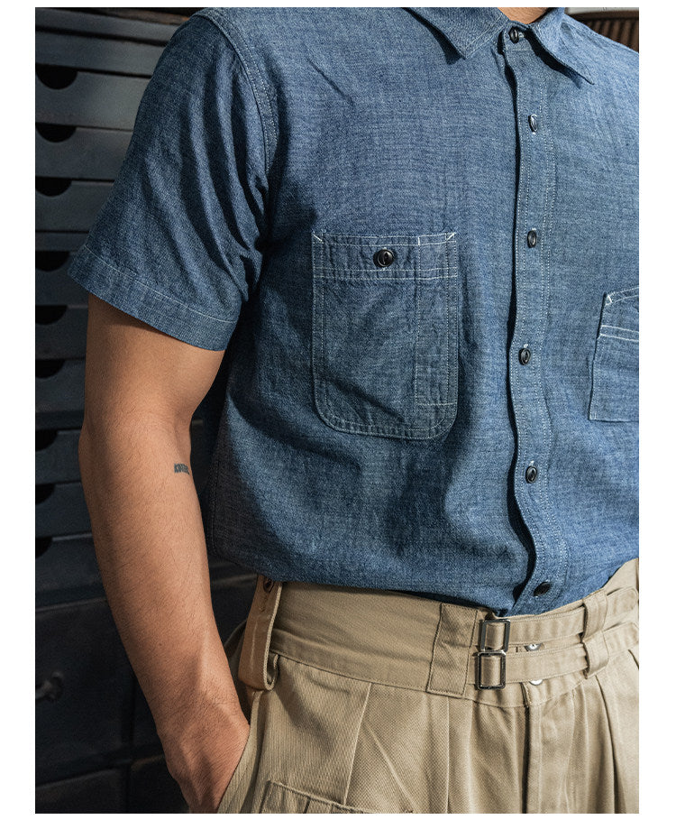 ◆ヴィンテージ40's復刻デザイン 山ポケ 半袖6.5オンス シャンブレーワーク シャツ◆S～2XL