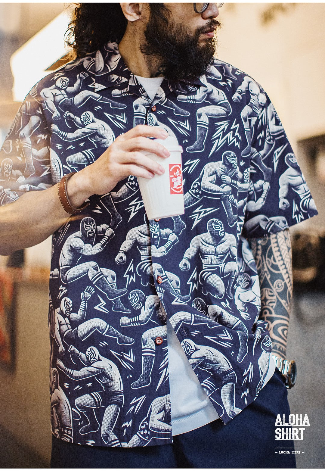 ▲覆面レスラー総柄  アロハシャツ▼S～2XL