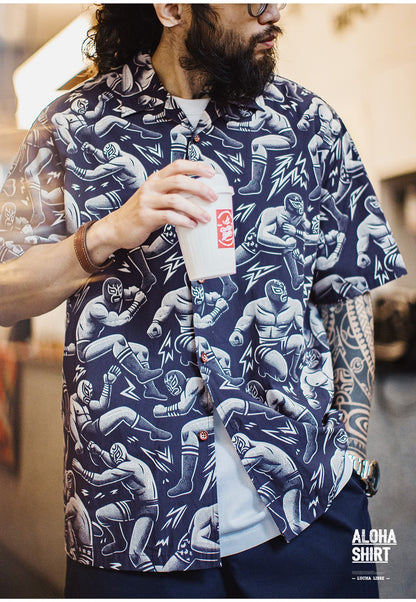 ▲覆面レスラー総柄  アロハシャツ▼S～2XL