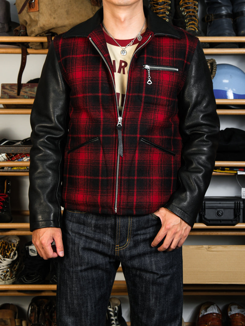 ◇1930’sヴィンテージ復刻デザイン バッファローチェックウール 切替 レザージャケット◇S～3XL