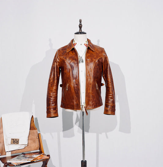1.5mm厚★1940年代復刻デザイン ホースハイド 植物タンニン鞣しオイルレザー ジャケット ブラウン★