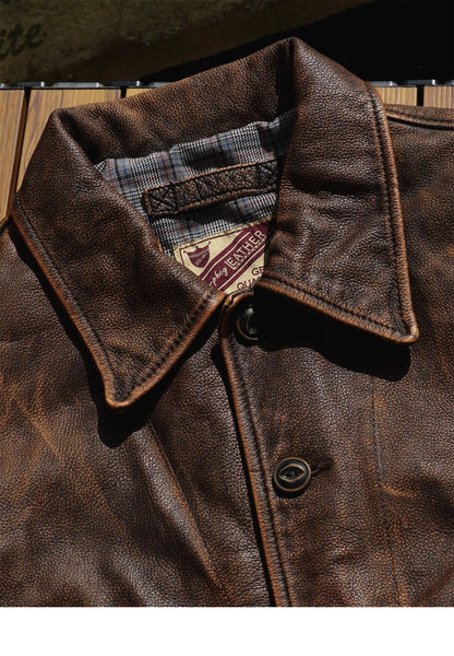 昨シーズン物売り切りSALEプライス◆1920's VINTAGE復刻デザイン茶芯 カーフレザー ジャケット◆S~5XL