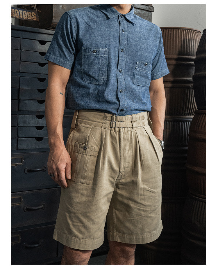 ◆ヴィンテージ40's復刻デザイン 山ポケ 半袖6.5オンス シャンブレーワーク シャツ◆S～2XL