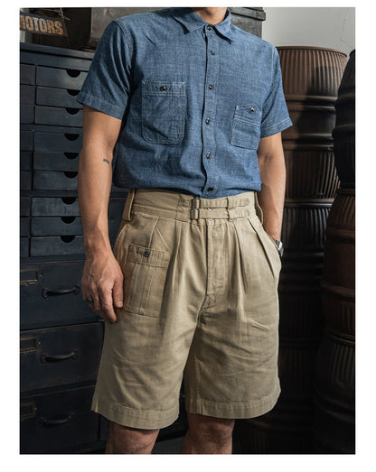 ◆ヴィンテージ40's復刻デザイン 山ポケ 半袖6.5オンス シャンブレーワーク シャツ◆S～2XL