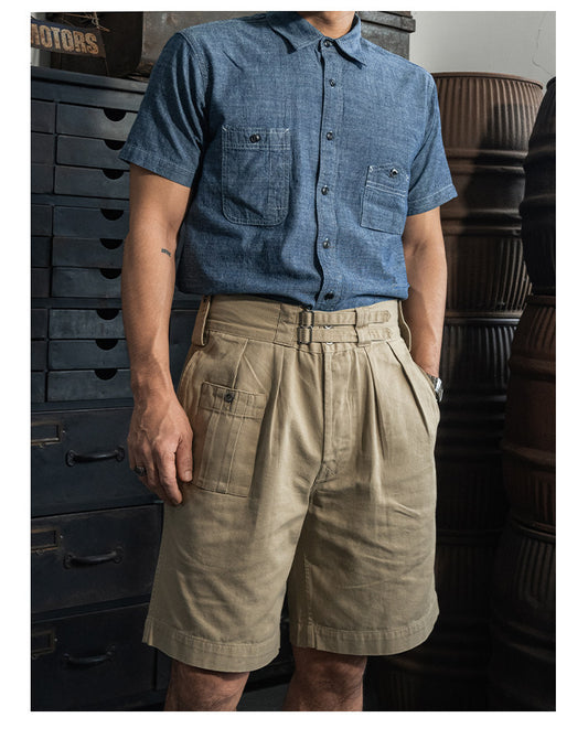 ◆ヴィンテージ40's復刻デザイン 山ポケ 半袖6.5オンス シャンブレーワーク シャツ◆S～2XL