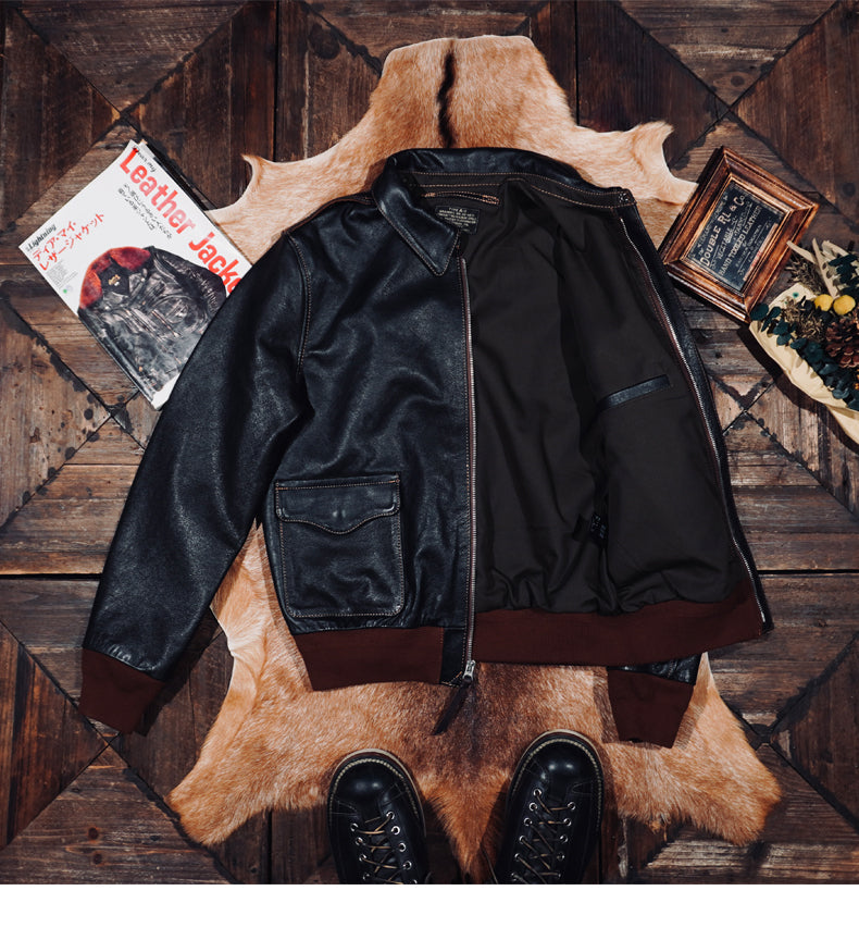 ☆ヴィンテージ復刻 植物タンニン鞣しカーフレザー A-2ジャケット☆ブラック