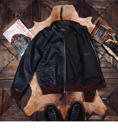 ☆ヴィンテージ復刻 植物タンニン鞣しカーフレザー A-2ジャケット☆ブラック