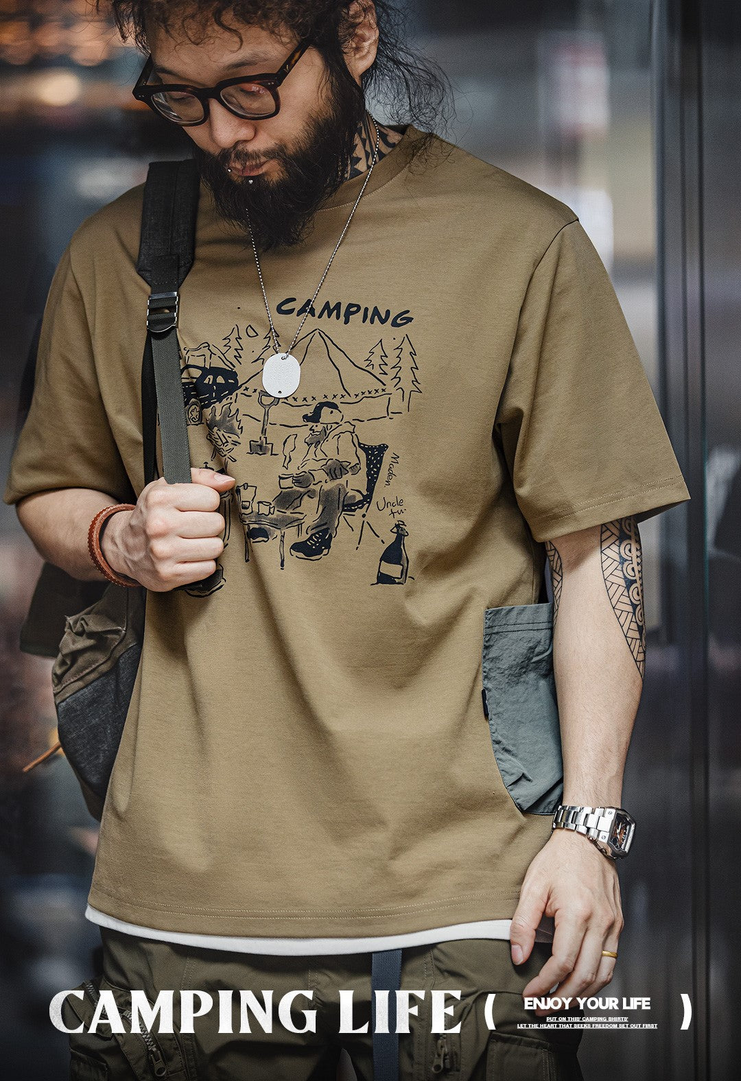 ◆CAMPING LIFEプリント片ポケＴシャツ◆S～2XL