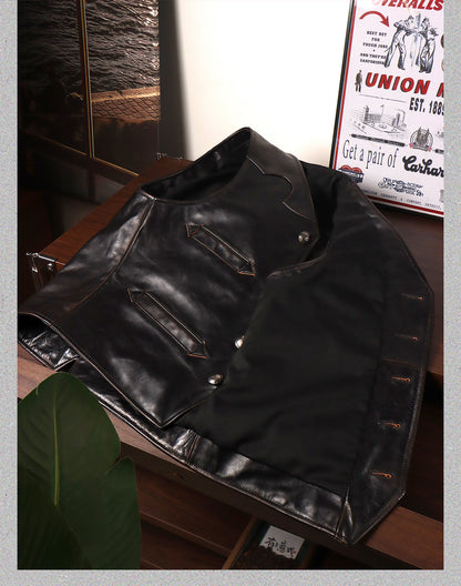 茶芯ホースハイドレザーウエスタン ベスト M～4XL