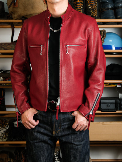 ◇ヴィンテージ復刻 J-100型 カフェレーサースタイル ゴートレザー シングルライダースジャケット◇ レッドS～3XL