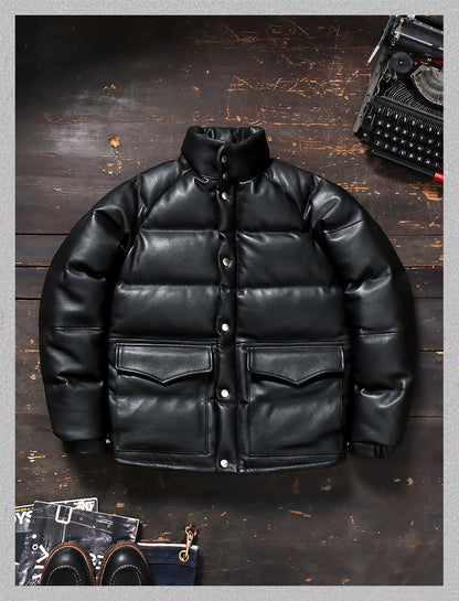 ◇ゴートレザー ブラックレザーラグランダウンジャケット◇ M～4XL