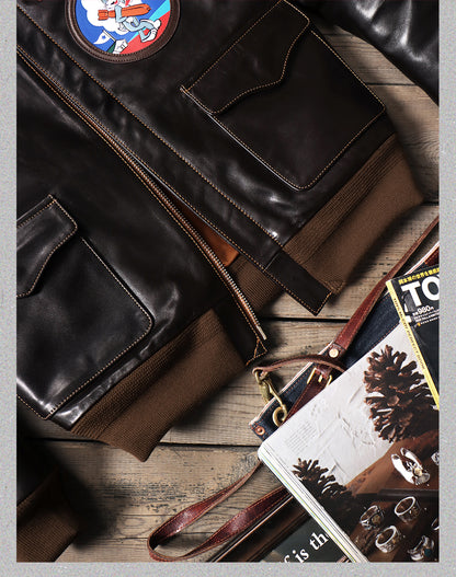 ハンドペイントのワッペンがキュート✩ヴィンテージ復刻 植物タンニン鞣しホースハイドレザー メンフィスベルモデル A-2ジャケット✩