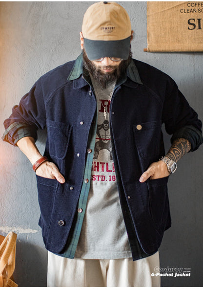 ◇コットン100% ネイビーコーデュロイ ラグランカバーオール ジャケット◇S～2XL