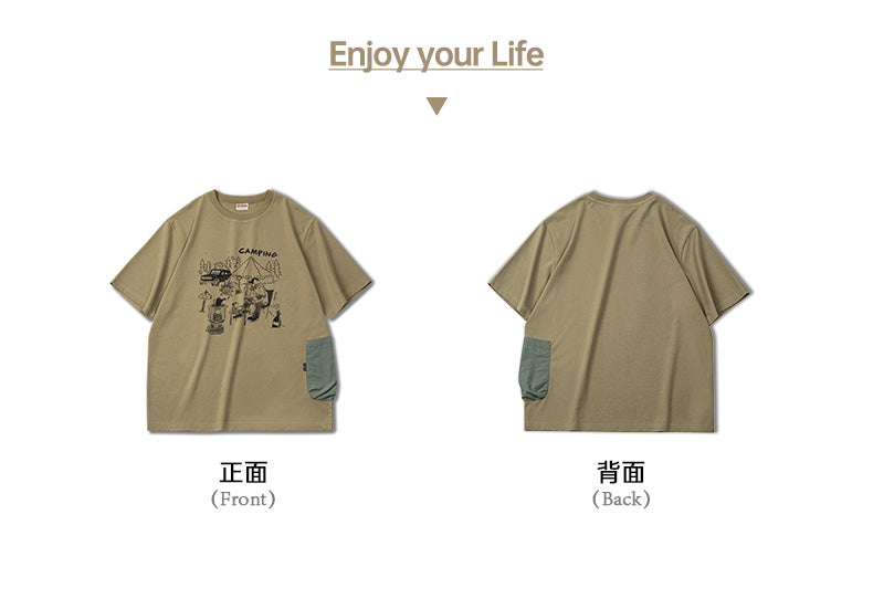 ◆CAMPING LIFEプリント片ポケＴシャツ◆S～2XL