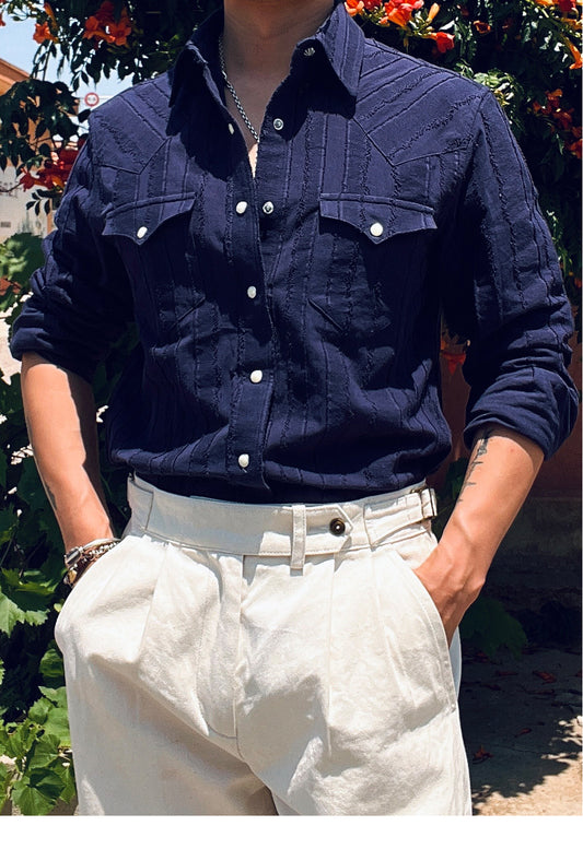 ◇絶妙なテクスチャー◇２色展開◇ウエスタンシャツ▽ネイビーS～4XL