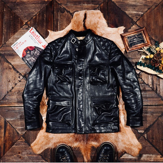 ✩細部のディテールまで完璧な拘り 植物タンニン鞣しホースハイドレザーモーターサイクルジャケット✩S～4XL