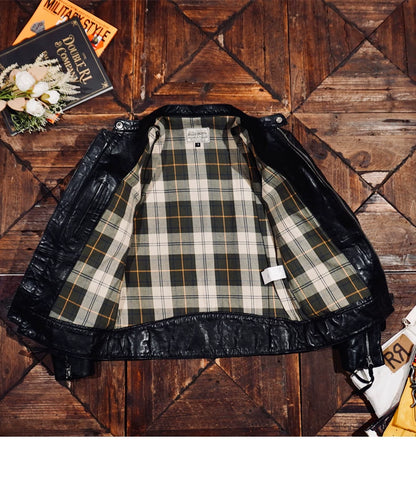 ◇植物タンニン鞣し　ウォッシュ加工カウレザー カフェレーサー シングルライダースジャケット ◇ブラックS～5XL