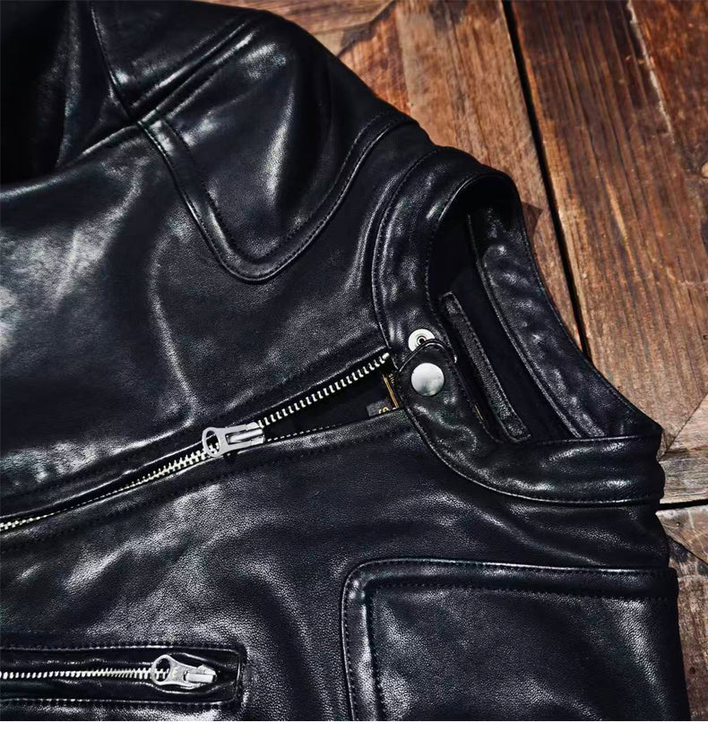 ▲ビンテージ復刻 植物タンニン鞣し ウォッシュ加工シープレザー シングルライダース ジャケット▼S～4XL