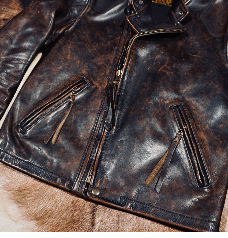 植物タンニン鞣し カウレザー シングルライダース ジャケット S～4XL