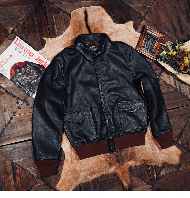 ☆ヴィンテージ復刻 植物タンニン鞣しカーフレザー A-2ジャケット☆ブラック