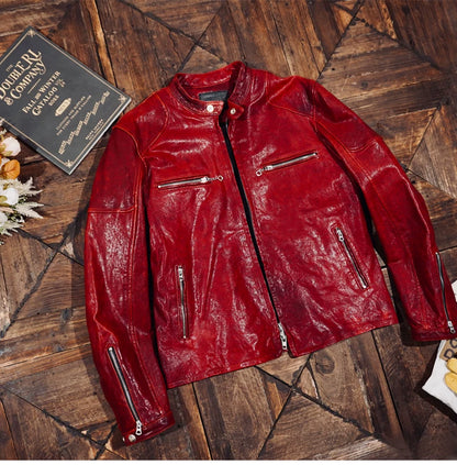 ◇植物タンニン鞣し　ウォッシュ加工シープレザー シングルライダースジャケット ◇レッドL～2XL