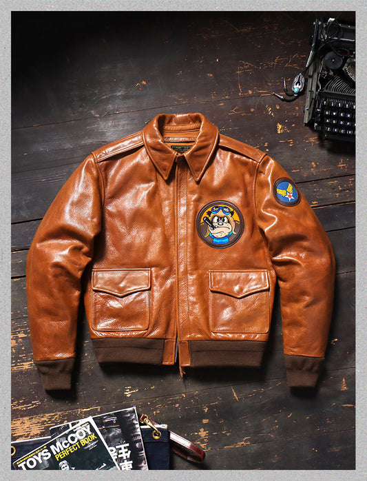 USブルドッグ ワッペンがキュート◇宇ヴィンテージ復刻 オイルカウレザー A-2ジャケット◇