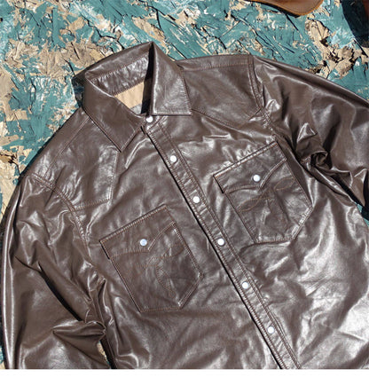 昨シーズン物売り切りSALEプライス★薄手0.4mm厚★シープレザー ウエスタンシャツ★S～5XL