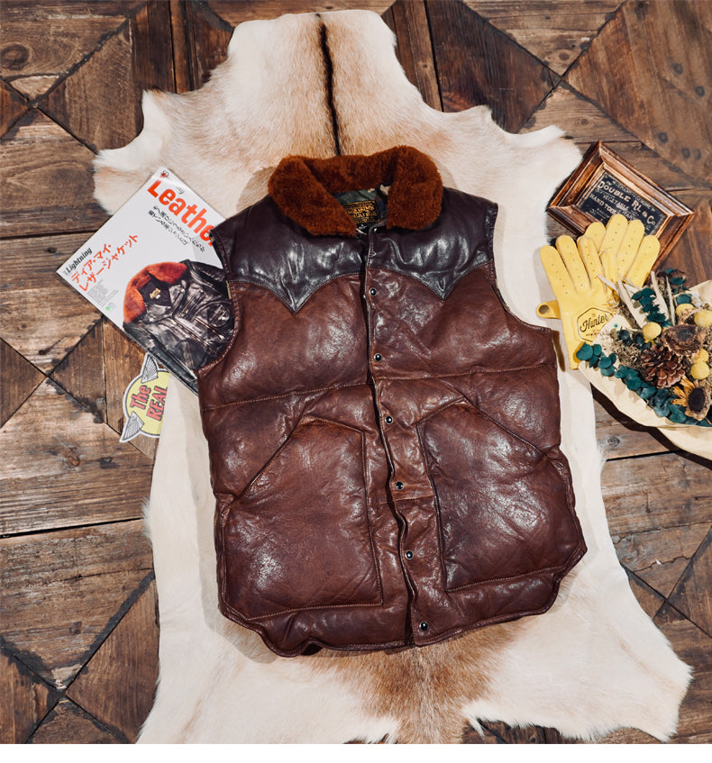 ◇植物タンニン鞣し ウォッシュ加工 シープレザーシープレザーダウン ベスト◇ S～4XL