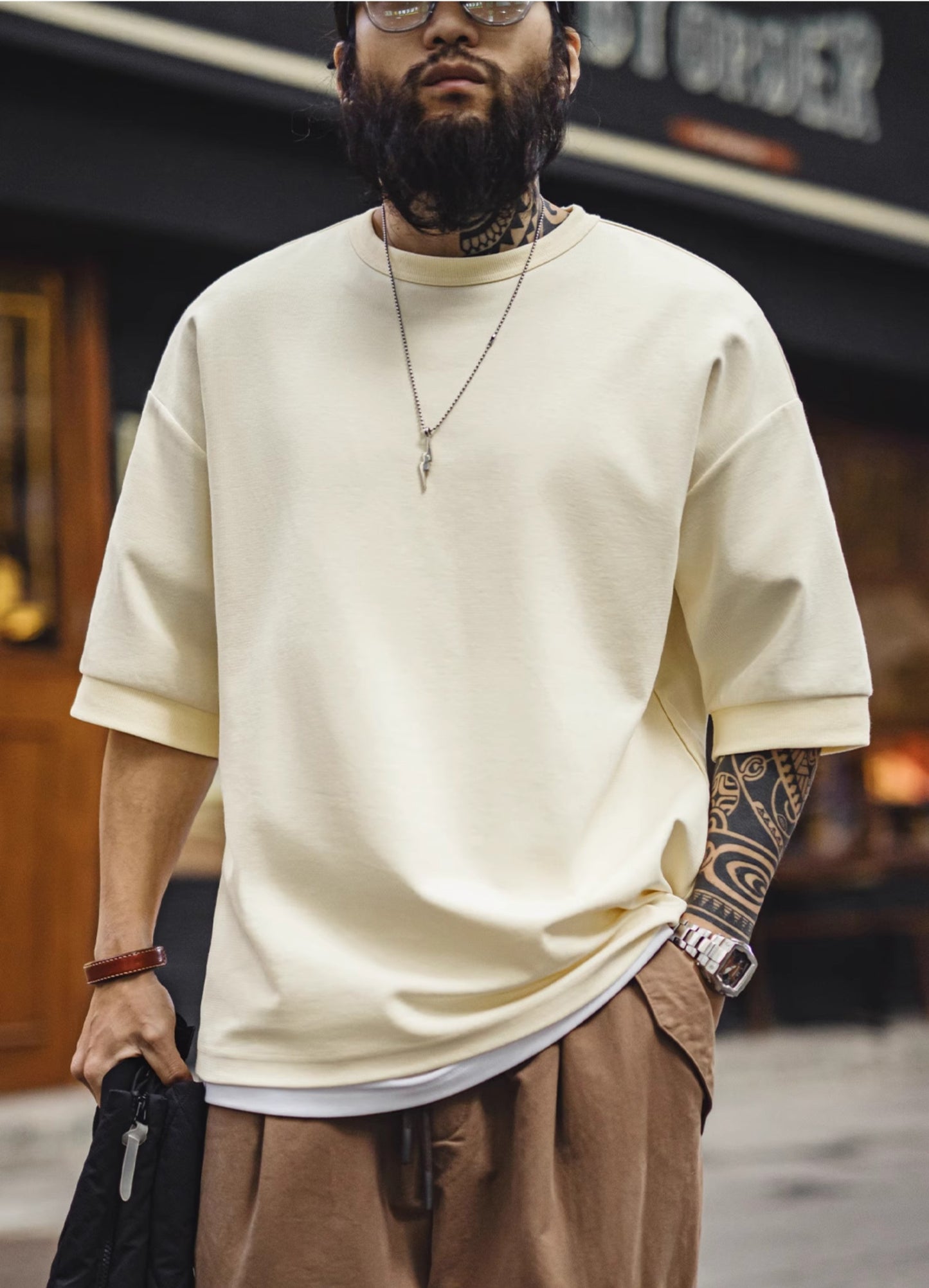 ◆ドロップショルダー５分丈 バック刺繍Ｔシャツ◆S～2XL