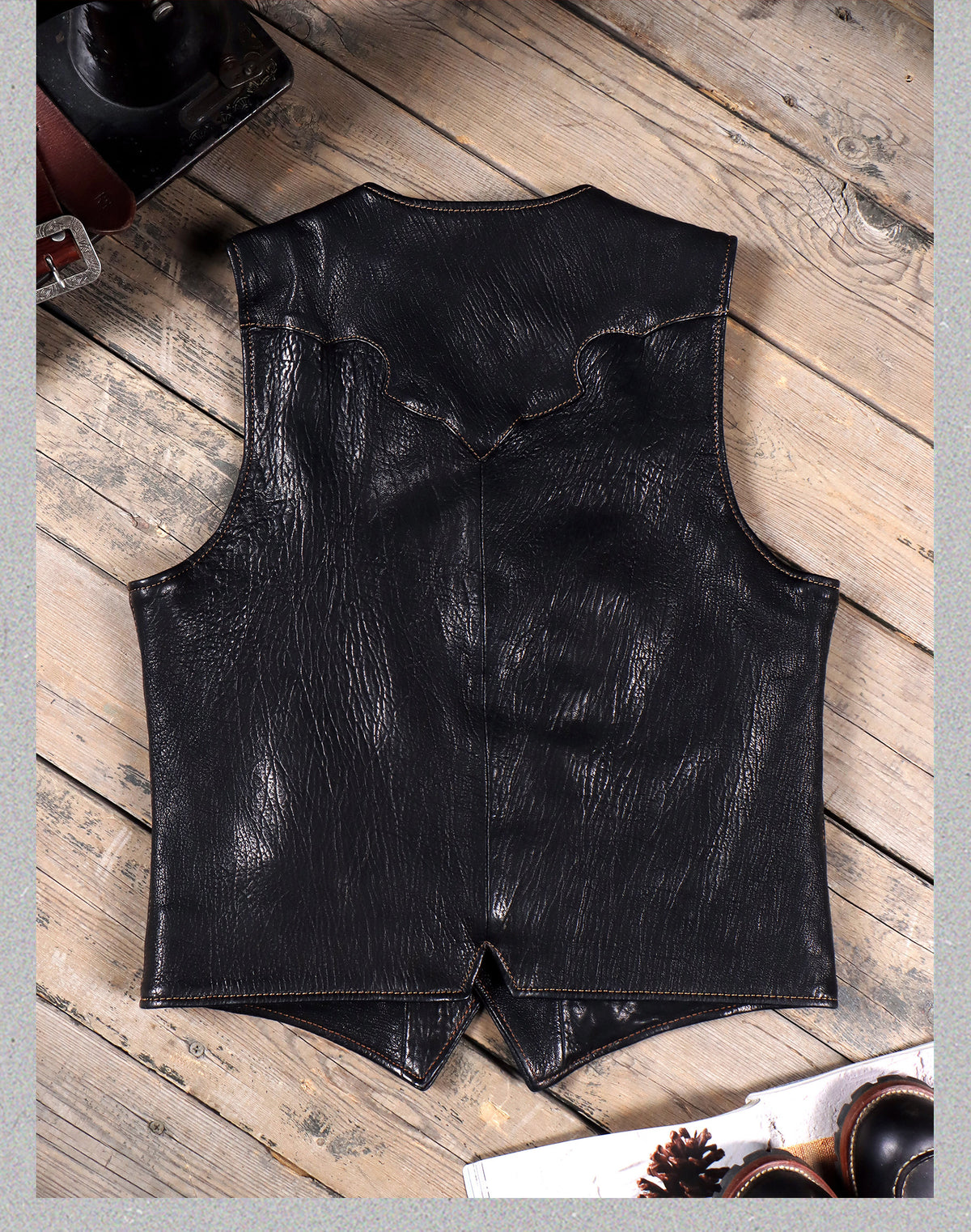★植物タンニン鞣し フランス産シープレザーウエスタン ベスト★M～4XL