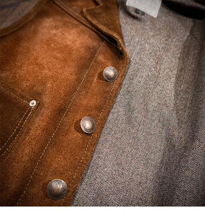 ◇ハードウォッシュ ヴィンテージ加工 スウェード コンチョボタン ベスト◇M～4XL
